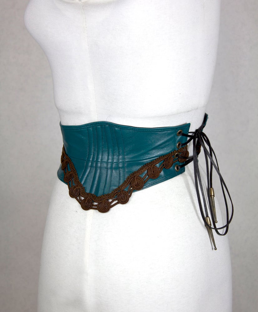 Image of Teal Leather w/ Cocoa Trim I Reversible Corset Belt