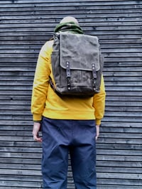 Image 4 of Waxed Canvas Backpack medium size / Hipster Backpack with closing flap and double bottle pocket