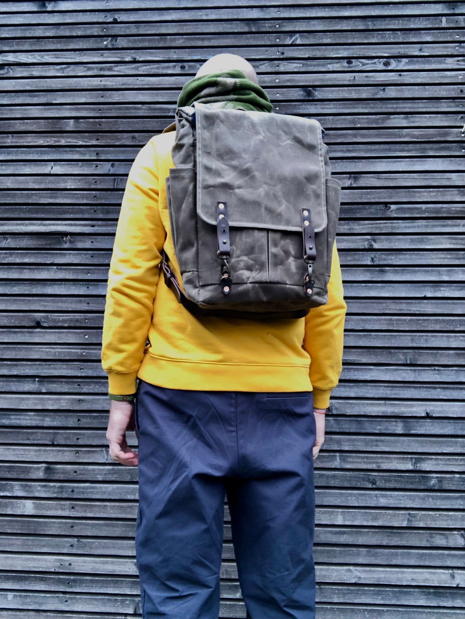 Image of Waxed Canvas Backpack medium size / Hipster Backpack with closing flap and double bottle pocket
