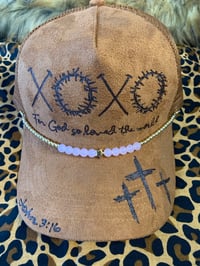 Image 1 of XOXO "For God so Love the World" Hand-Burned Trucker Hat