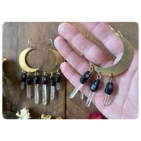 Image 4 of Brass Moon Chandelier Earrings - Black Leather 