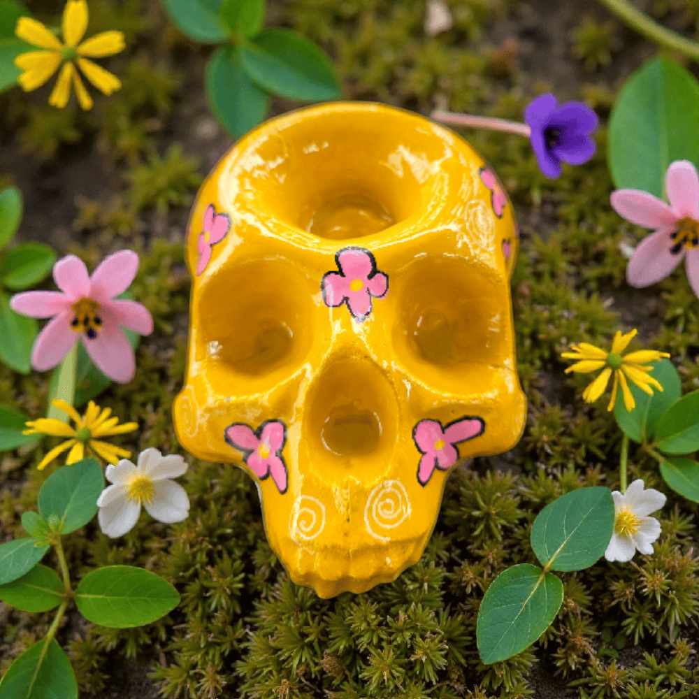 Image of Yellow Flower Print Cement Skull Planter
