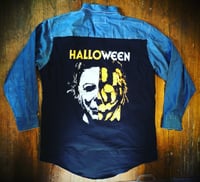 Upcycled “Halloween /Face Split” t-shirt flannel