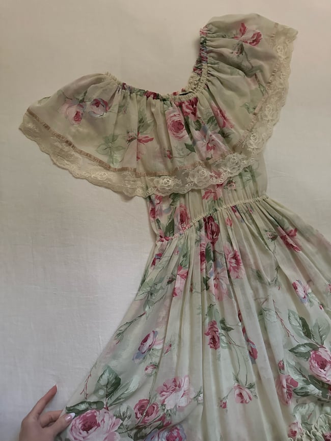 70s floral voile off shoulder dress