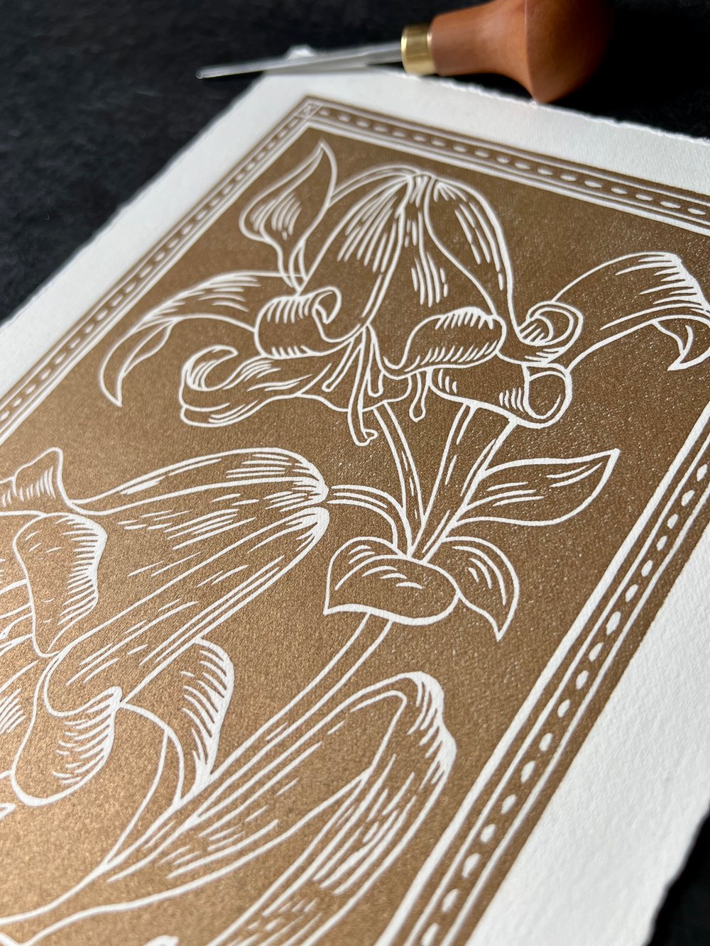 Lilies Lino Print Gold White