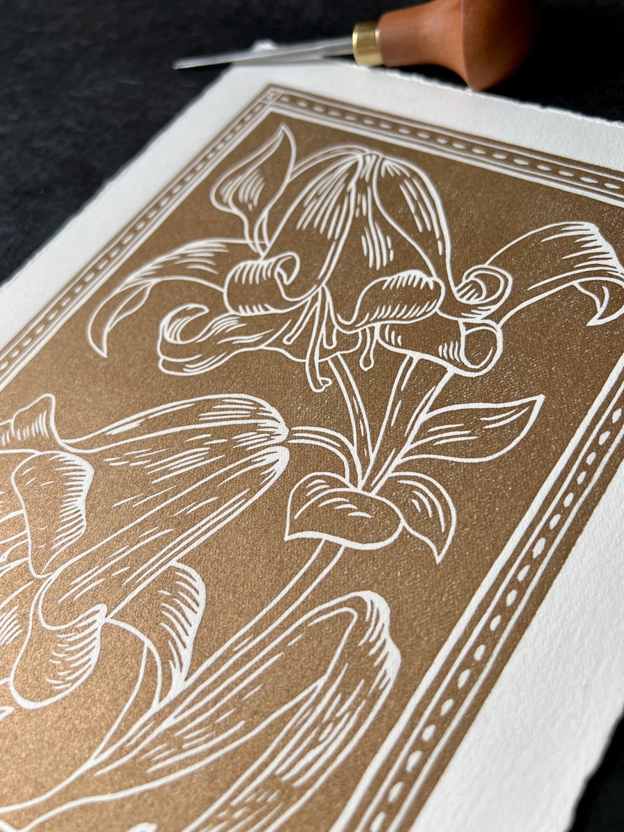 Image of Lilies Lino Print Gold White