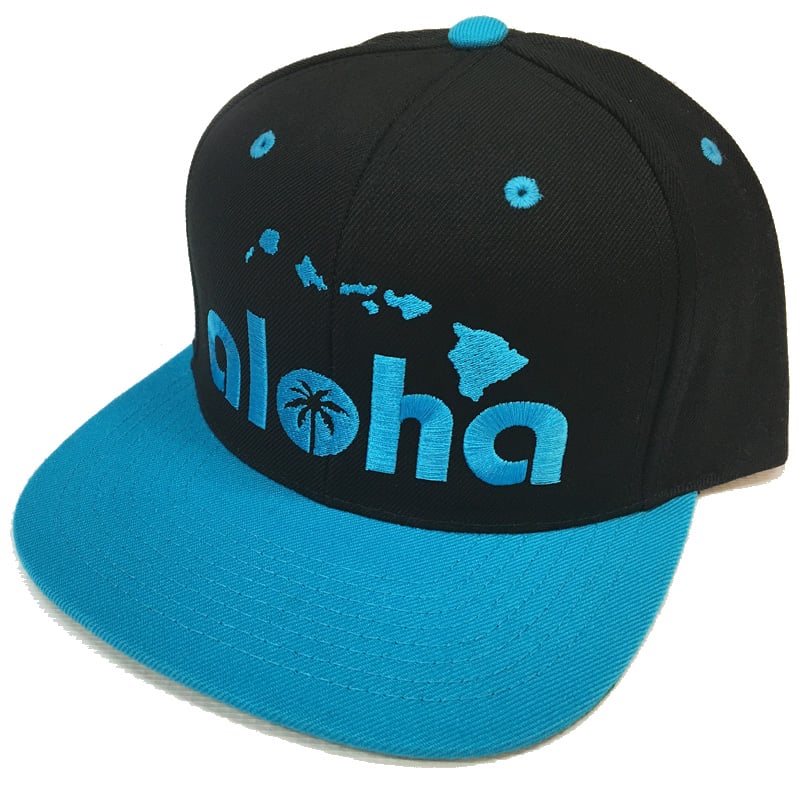 Image of Aloha Snapback Hat, Black with Turquoise Blue 