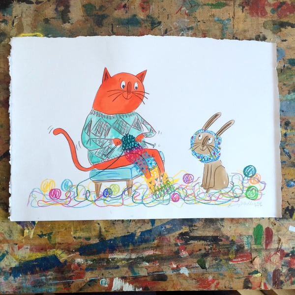 Image of Stanley the Amazing Knitting Cat - Original illustration number 4