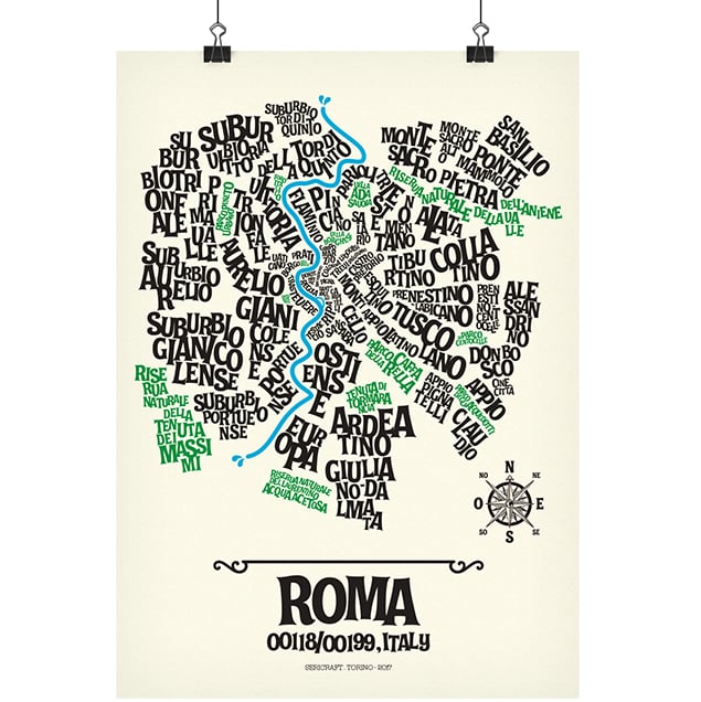 poster 50x70 cm stampato in serigrafia mappa tipografica quartieri della città Roma