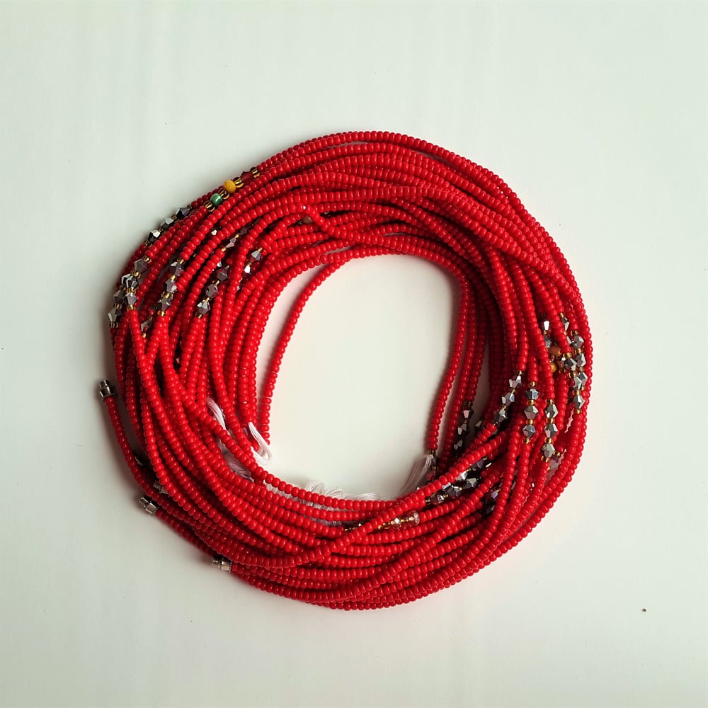 Image of Red African waist beads with silver bicones