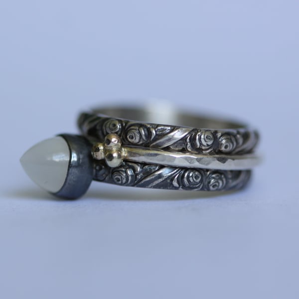 Image of Oxidised Silver ring with moonstone bullet