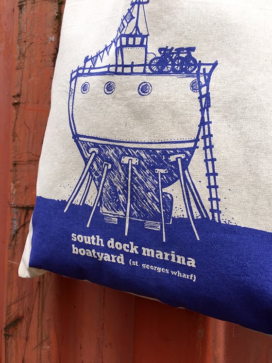 Image of Illustrated Boat Tote Bag—South Dock Marina