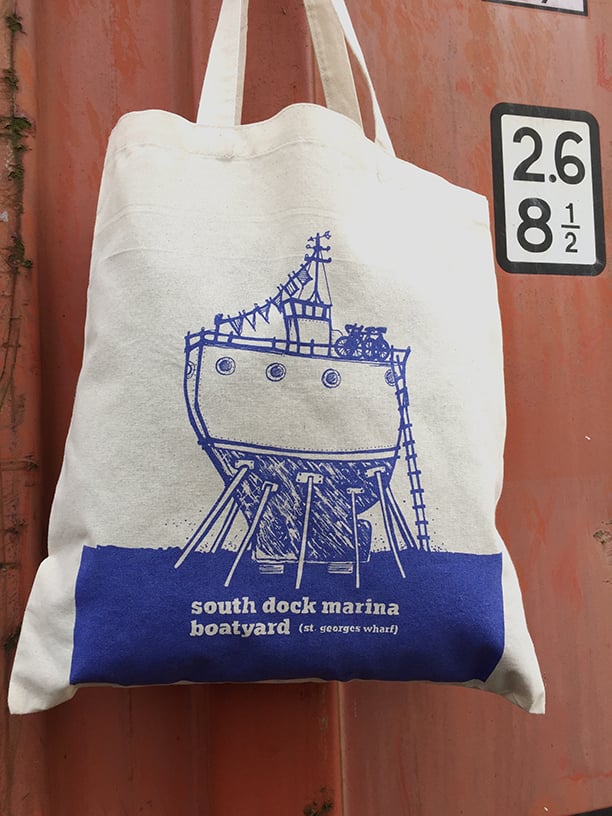 Image of Illustrated Boat Tote Bag—South Dock Marina