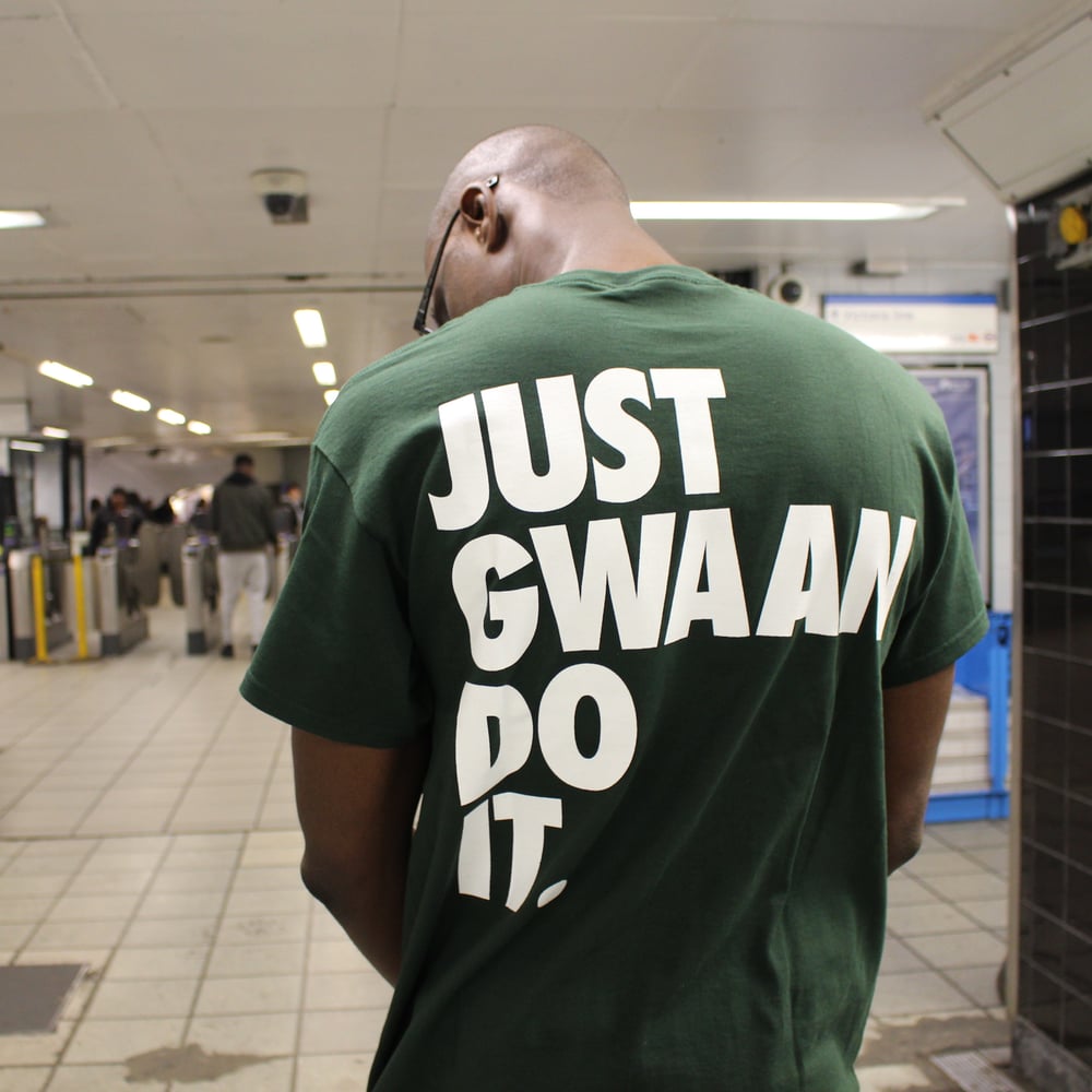 Image of JUST GWAAN DO IT 'BACKATIVE' UNISEX T-Shirt - Forest Green