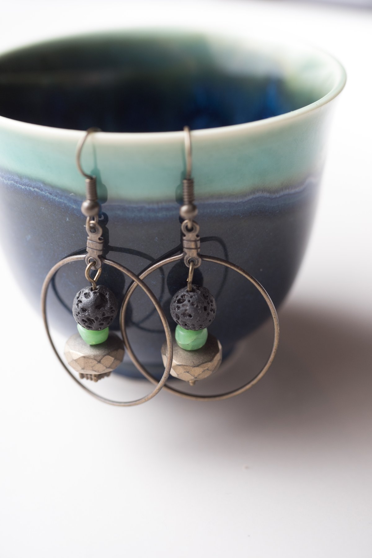 Image of Antique Brass, Lava Stone, and Metal Earrings