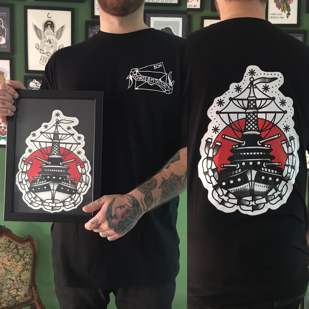 Image of ship tee + ship tattoo flash