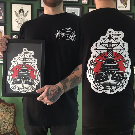 Image of ship tee + ship tattoo flash