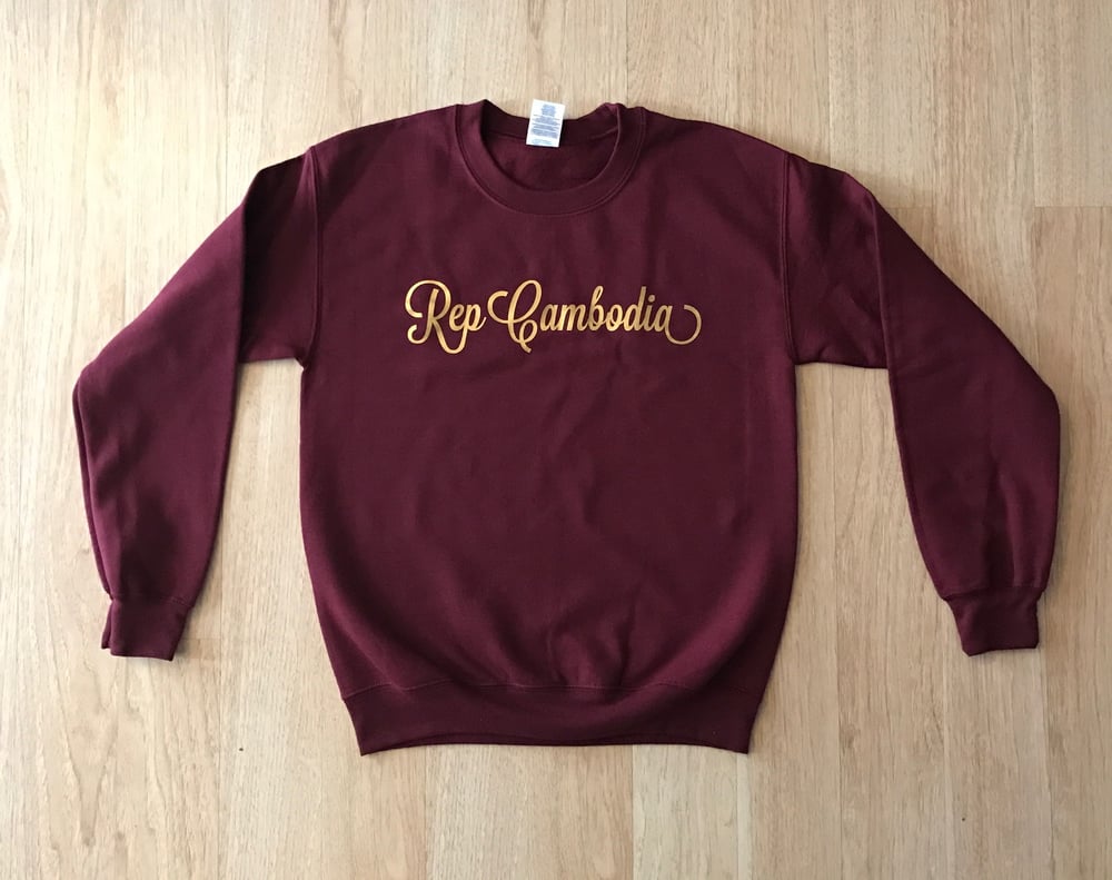 Image of REP CAMBODIA BURGUNDY/GOLD SCRIPT CREWNECK SWEATER