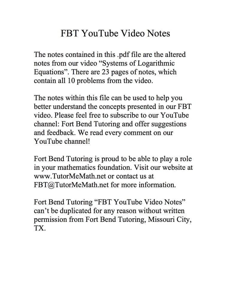 Image of Systems of Logarithmic Equations YouTube Notes
