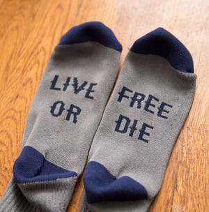 Image of Navy Blue/grey live free or die socks