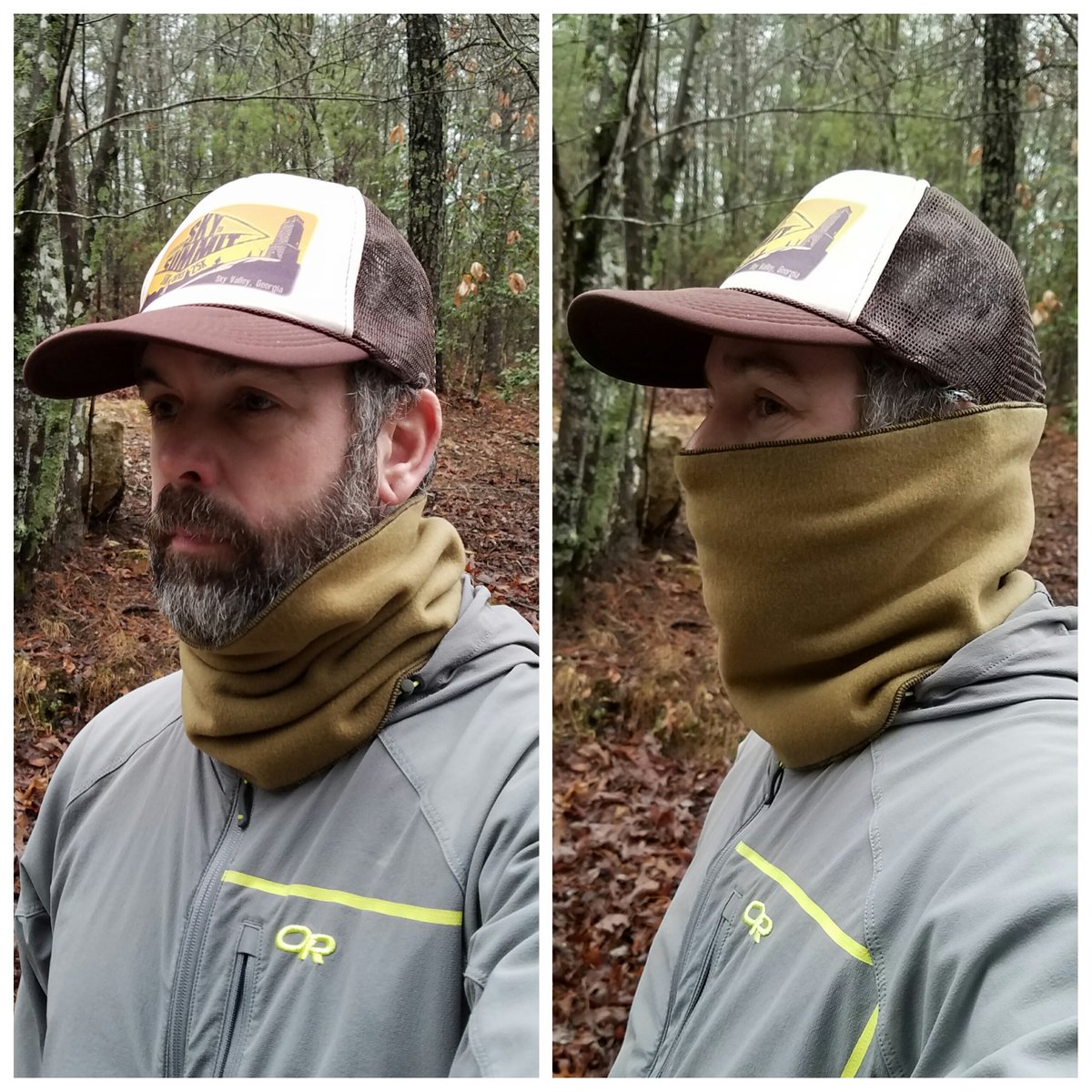 Frontier fleece neck gaiter, in Coyote frontier mountain and trail