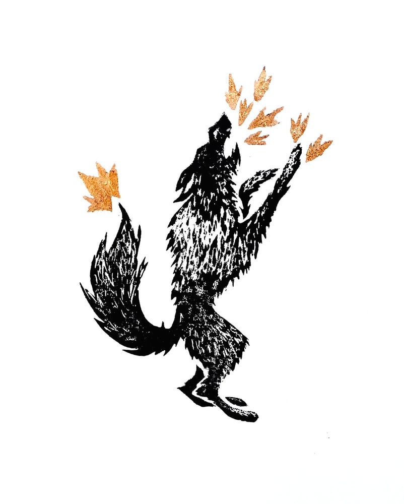 Image of "The Wolf of Latent" - Original Linocut print with copper leaf detail