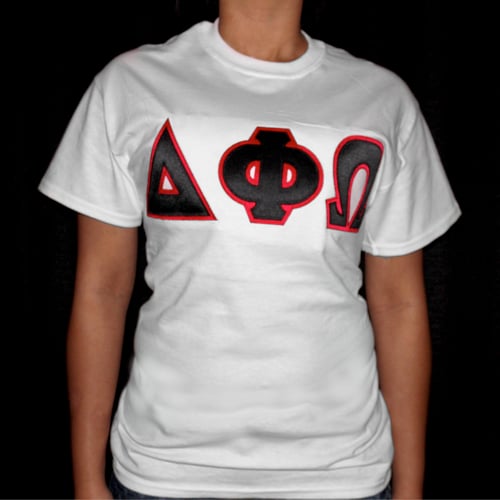 Image of Delta Phi Omega lettered shirt (red, black, white)