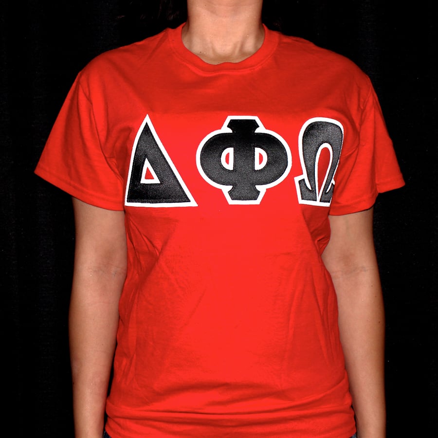 Image of Delta Phi Omega lettered shirt (red, black, white)
