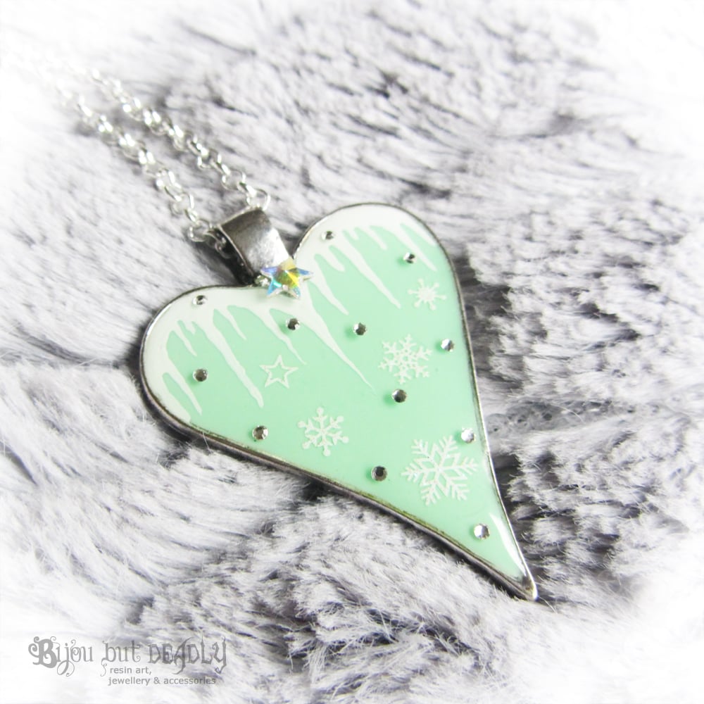 Winter Icicle and Snowflake Heart Resin Pendant in Mint and White