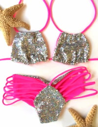 Spiderkini collection silver sequin with neon pink scrunch butt bottoms