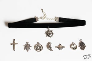 Image of Velvet Choker with Charm Moon, Sun, Pentagram, Planet, Fatima Hand, Cannabis, Cross, Peace