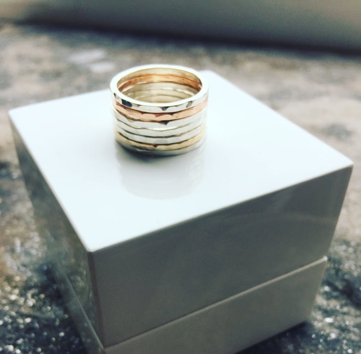 Image of Silver and 9ct Hammered Stacking Rings