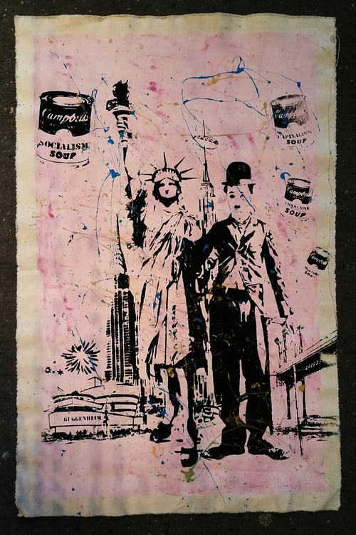 Image of Charlie Chaplin and Statue of Liberty, Guggenheim, Brooklyn Bridge on a New York Bike map, canvases.
