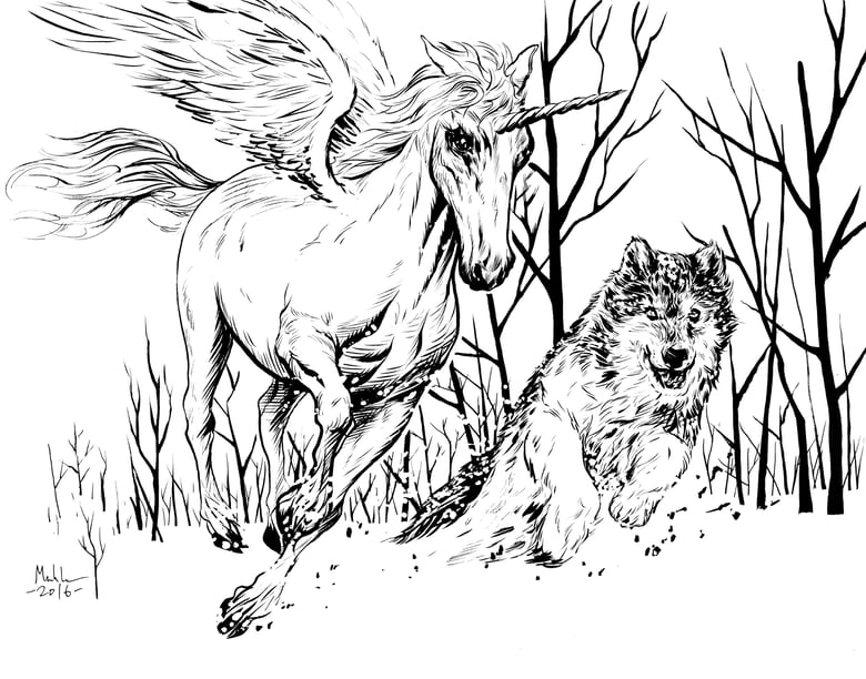 Image of magical friends unicorn and wolf inked piece