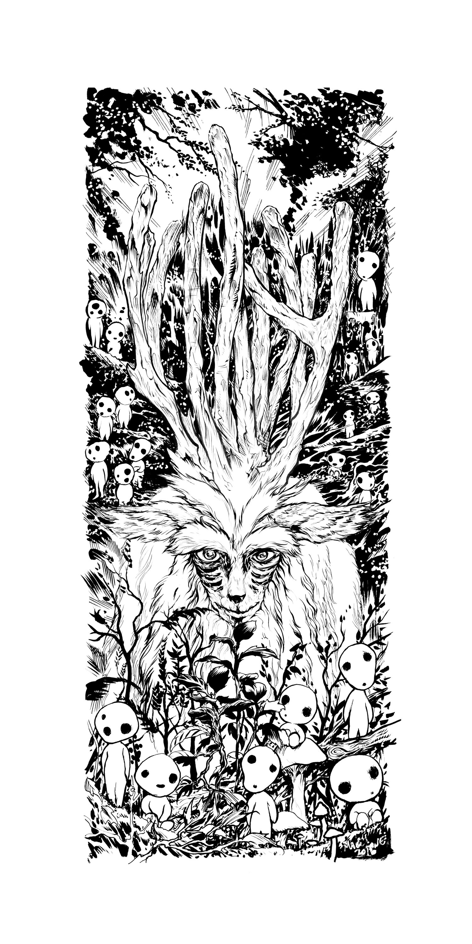 Image of princess mononoke hand inked deer god forest spirt art. 