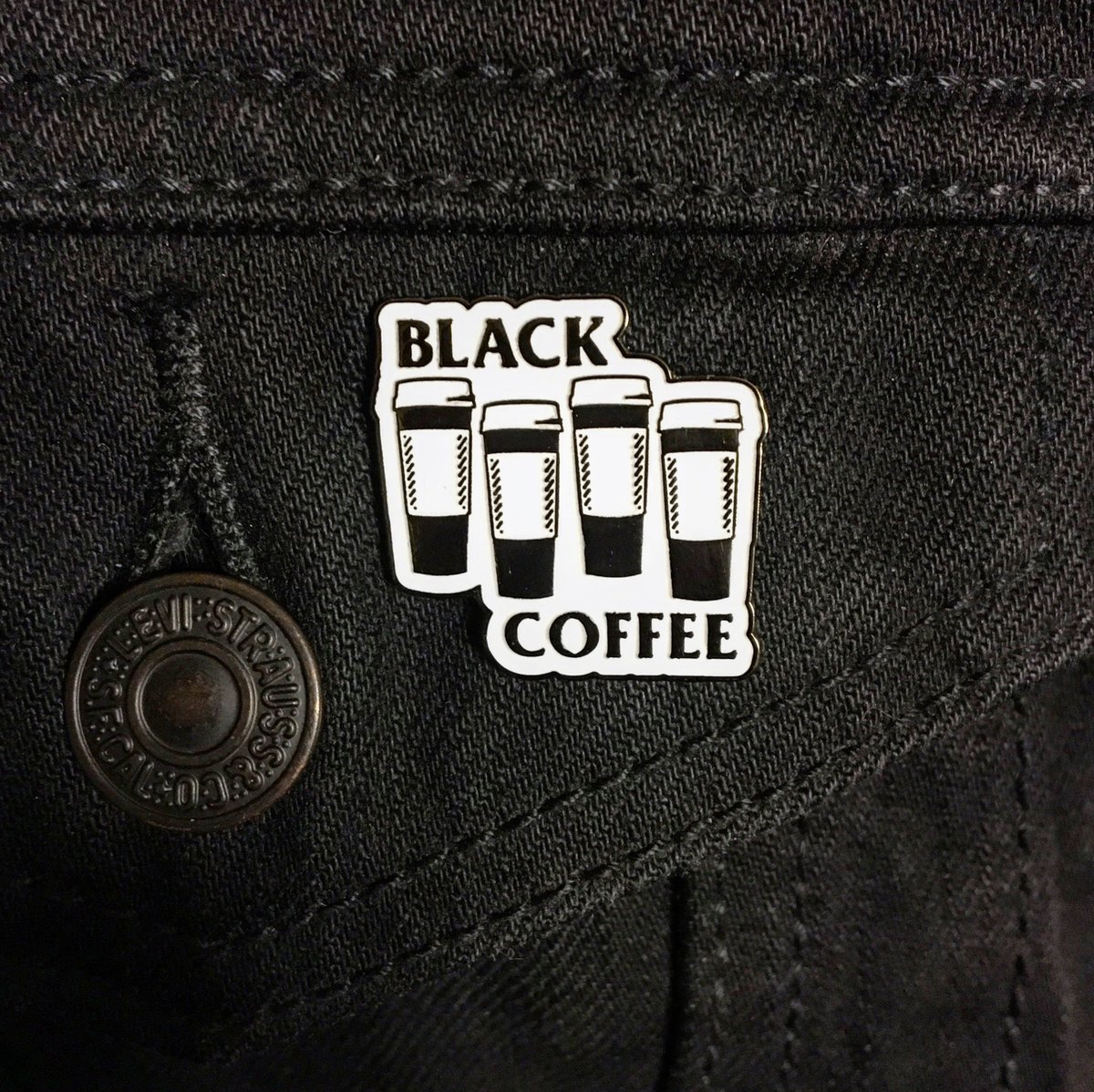 Image of Black Coffee Pin, Patch, Stickers, Totes and Mugs
