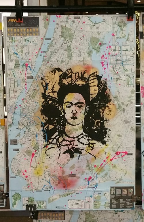 Image of FRIDA KAHLO. ORIGINAL SILKSCREEN  on a NYC Bike Map.