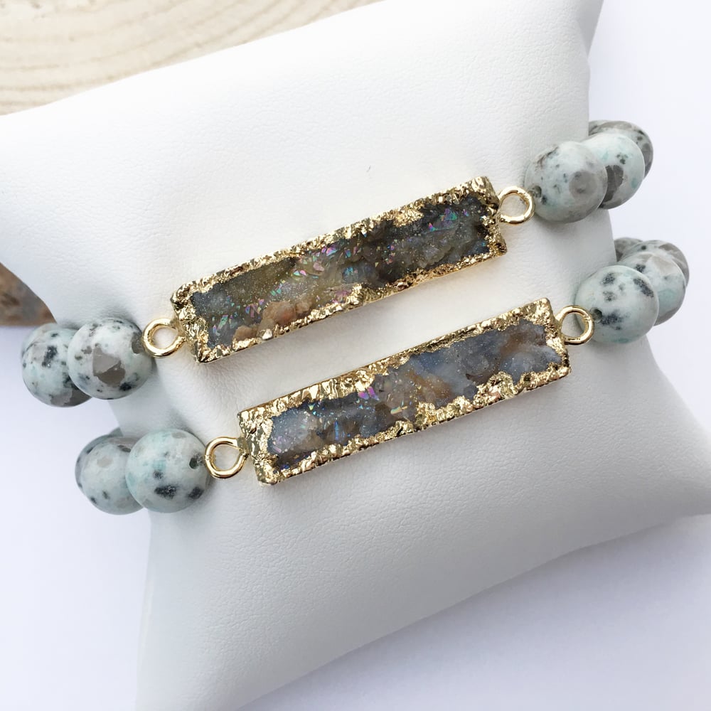 Image of Rectangular sparkling druzy + sky mountain blue jasper beaded stretch bracelet