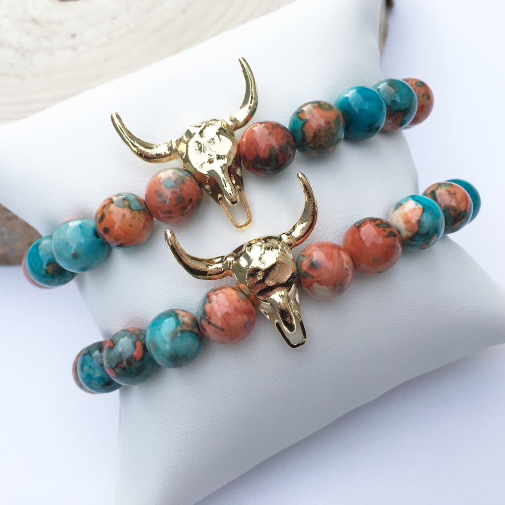 Image of Gold plated horn + mixed jasper beaded stretch bracelet