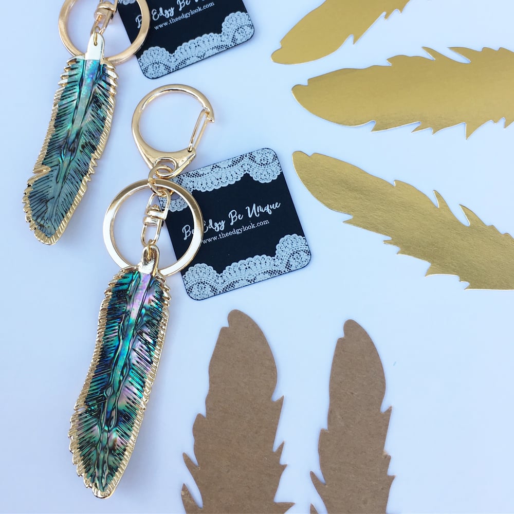 Image of Gold plated abalone shell lightweight feather key chain / purse charm