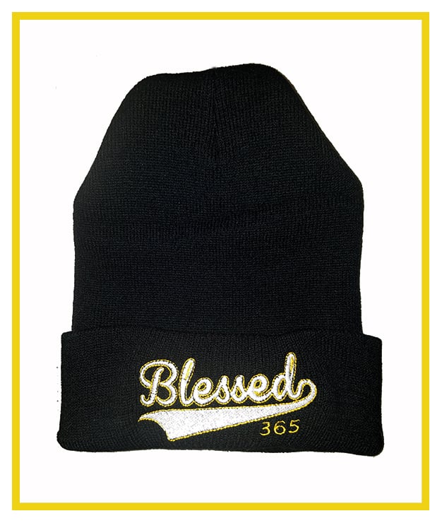 Image of Blessed 365 Beanie - Black with White & Gold Design