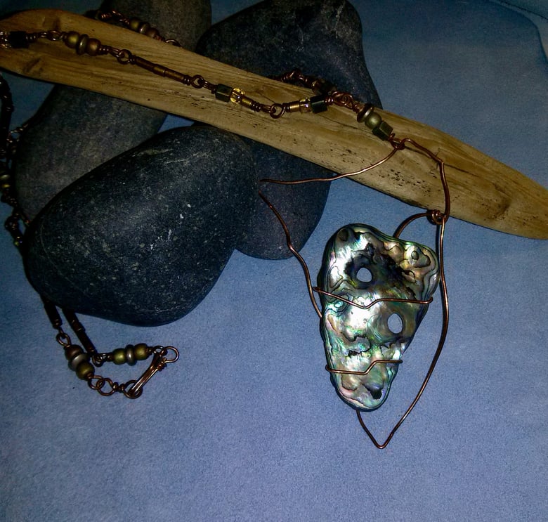 Image of Paua Shell Amulet Wrapped in Copper with Hand Beaded Chain