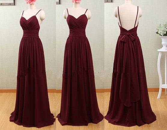 Pretty Simple Straps Backless Maroon Long Prom Dress with Bow, Maroon ...