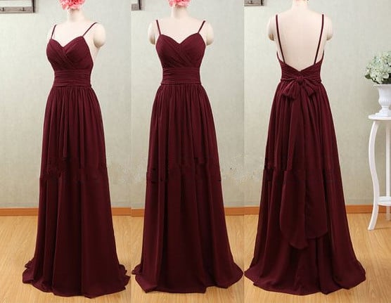 Pretty Simple Straps Backless Maroon Long Prom Dress with Bow, Maroon Prom Dress 2017