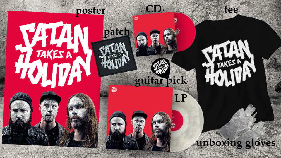 Image of Satan Takes A Holiday - The Super Awesome Satan Fun Pack(CD/LP/Shirt/Signed Poster/Patch/Pick/Gloves