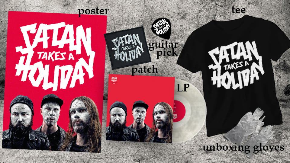 Image of Satan Takes A Holiday - The Super Awesome Satan Pack (LP/Shirt/Signed Poster/Patch/Pick/Gloves)