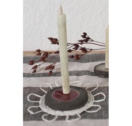 Image of Black clay candle holder with woven circle mat set
