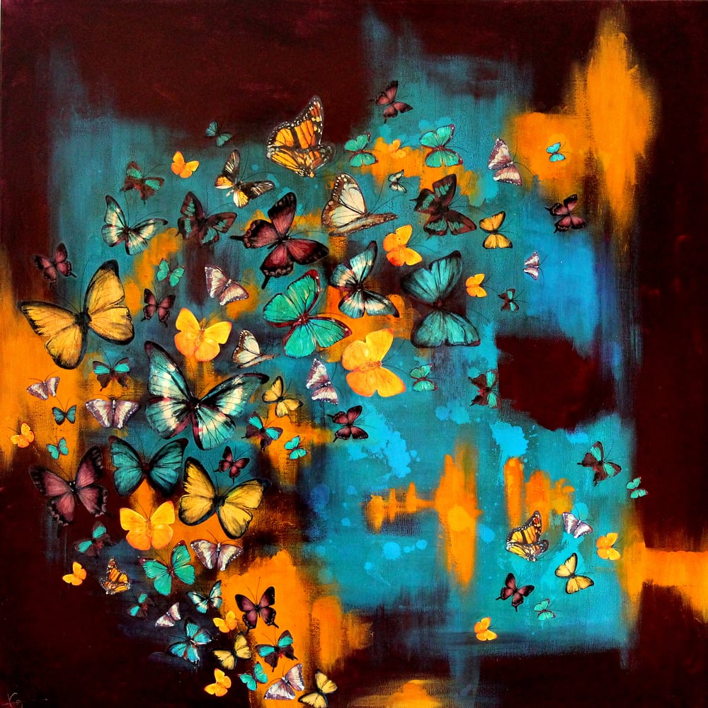 Image of Lily Greenwood Giclée Print - Butterflies on Maroon/Turquoise/Yellow - 12"x 12" (Open Edition)