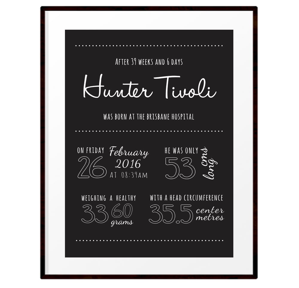 Image of Personalised monochrome birth details print