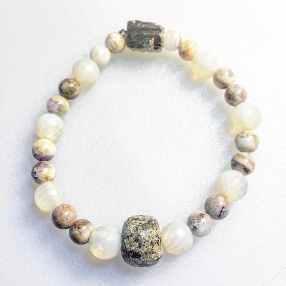 Image of Healing Past Karma ~Fossilized Mammoth bone, Opalite, Chrysanthemum, Pyrite